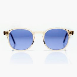 Blue-tinted sunglasses with a round, retro-inspired frame and gold-tone accents.
