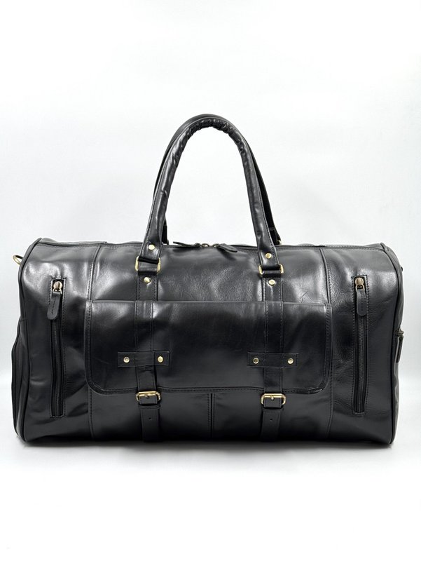 Borsa da viaggio in pelle marocchina nera fatta a mano - Borsone artigianale "Obsidian" a 6 tasche con scomparto per scarpe dedicato