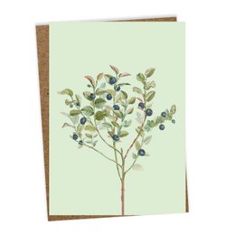 Greeting card with a nature-inspired illustration of a tree with leaves and berries. The card features a simple, minimalist design in shades of green and brown.