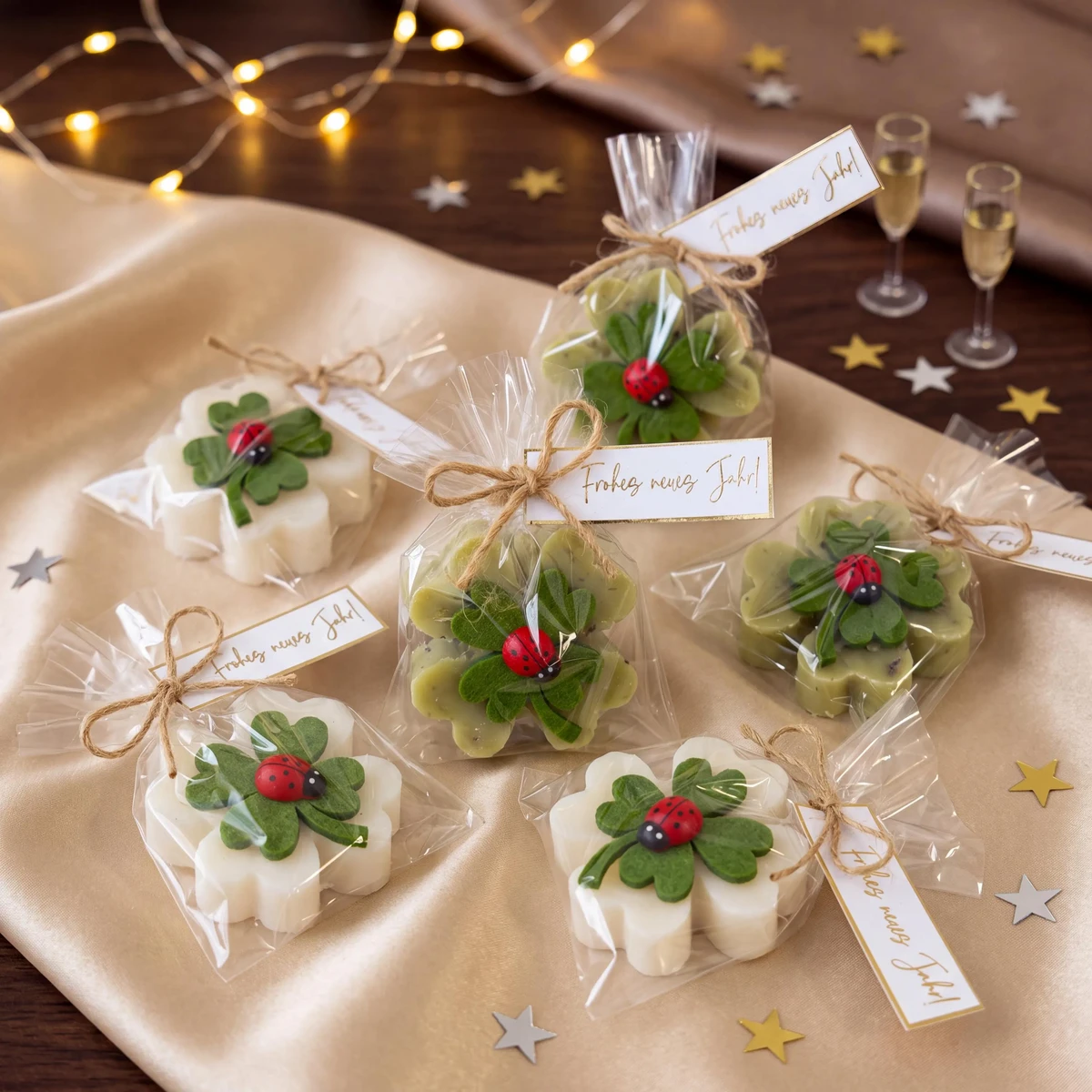 Silvester Glücksbringer Seife „Frohes neues Jahr“ – Kleeblatt | Gastgeschenk & Mitarbeitergeschenk 