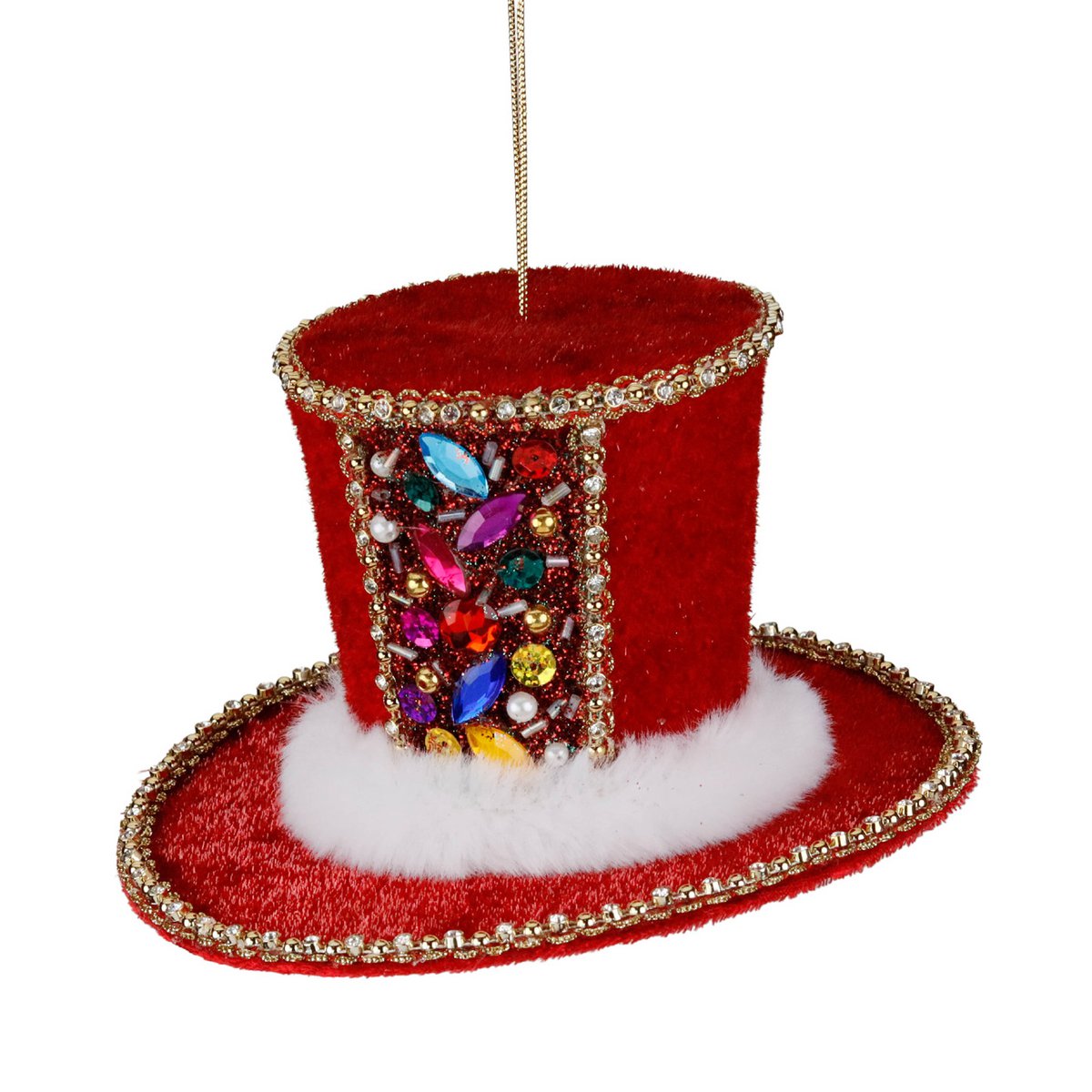 FABR.JEWEL FUNKY XMAS TOP HAT ORN RD/WH 18CM