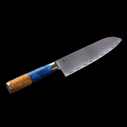 Couteau Katahiro Zen 7" Damascus Santoku, acier Damas japonais VG-10, bois de loupe d'érable blanc et manche en résine acrylique bleue