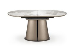 "Extendable round marble-look dining table, beige top, modern pedestal base, seats multiple people"