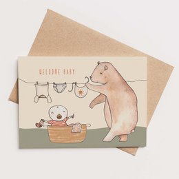 card + envelope - Bear with baby laundry basket