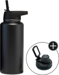 Bouteille d'eau en acier inoxydable - 1 litre - Avec paille - Noir