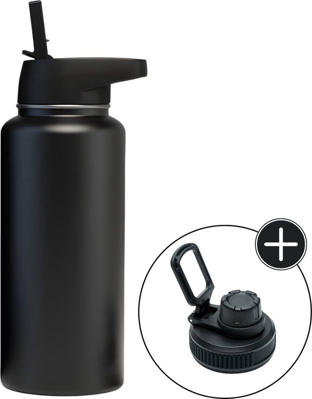 Bouteille d'eau en acier inoxydable - 1 litre - Avec paille - Noir