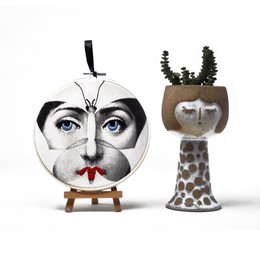 Handmade Embroidery Hoop Art - "Iconic Lina" Collection (Fornasetti Inspired) - Textile Wall Decoration 15cm
