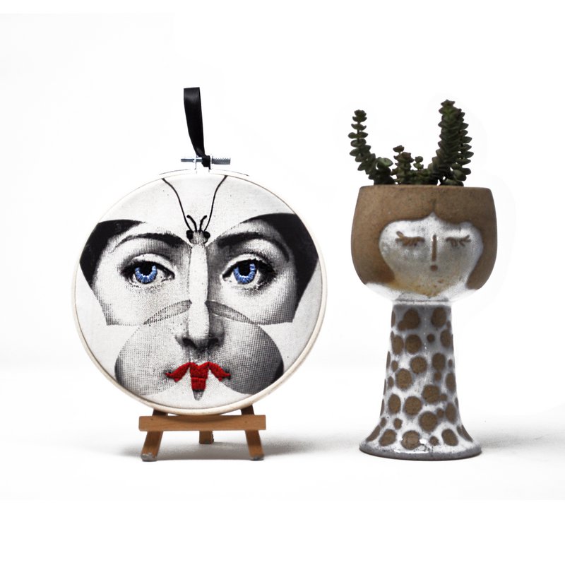 Handmade Embroidery Hoop Art - "Iconic Lina" Collection (Fornasetti Inspired) - Textile Wall Decoration 15cm