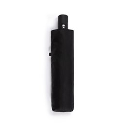  A black, foldable umbrella with a geometric pattern design. The umbrella is compact and easy to carry, making it suitable for everyday use.