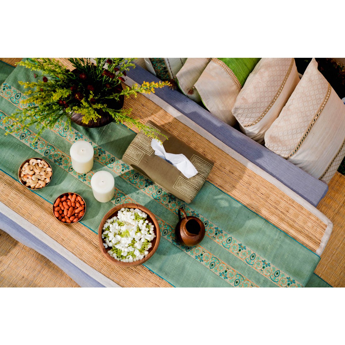 Hand-Embroidered Dupion Silk Table Runner - With Beadwork & Silk Piping