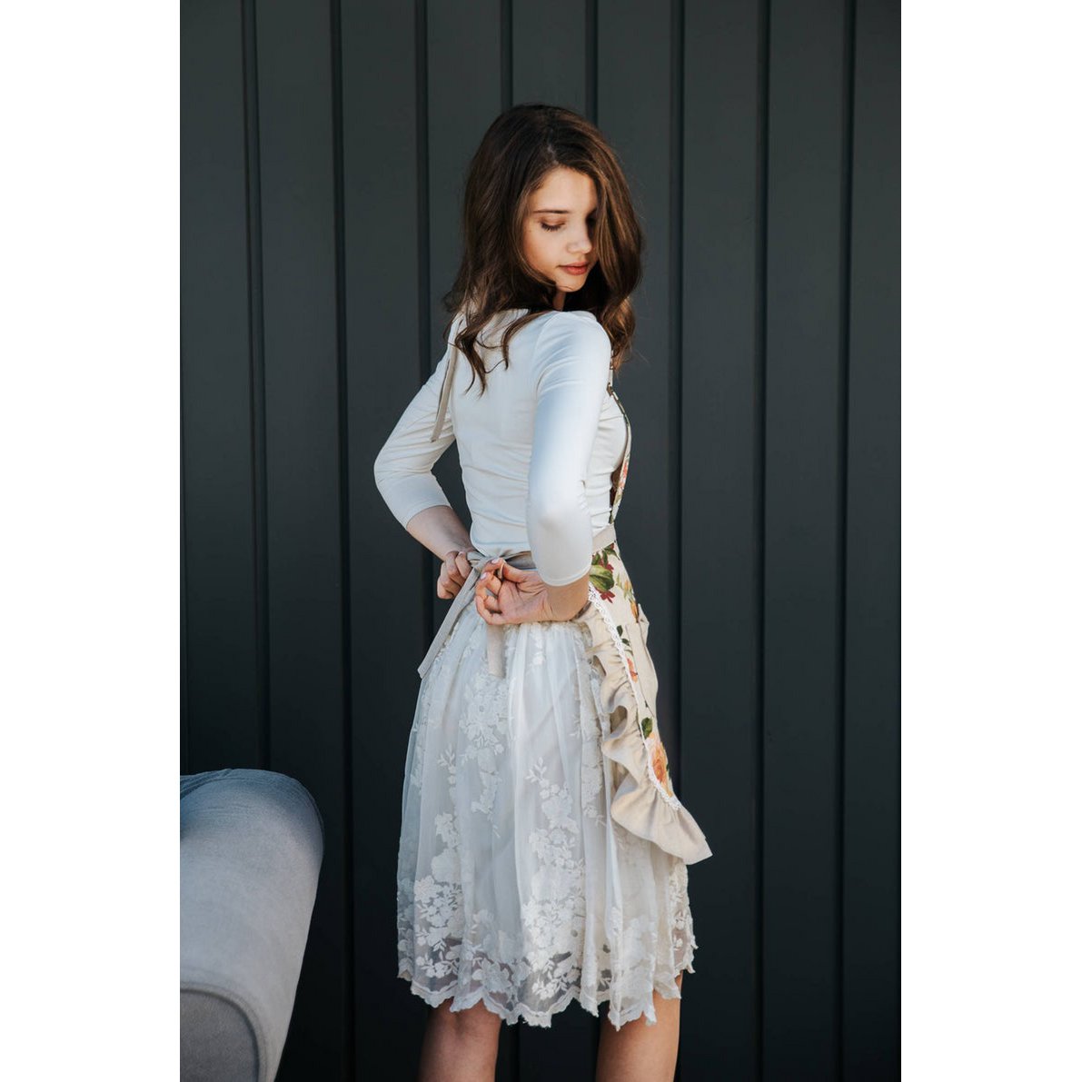 Ladies Apron with Ruffles, Poly-cotton Mix, Printed | Flower Big