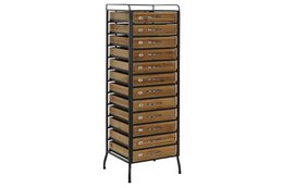 Tall black metal and wood cabinet with 10 drawers, suitable for use as a sideboard or storage unit.