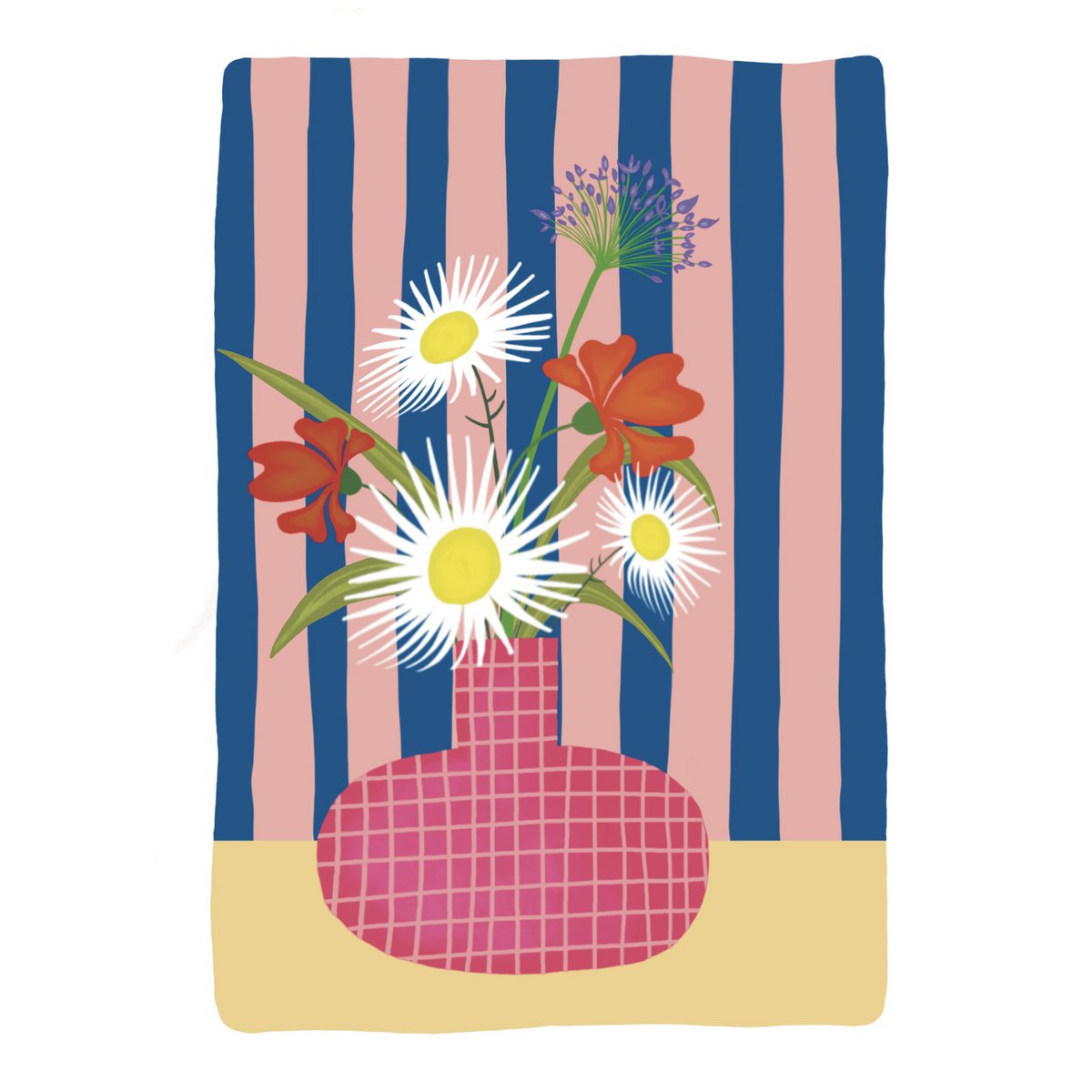 Vase à carreaux avec des fleurs Carte en carton à rayures rose bleu