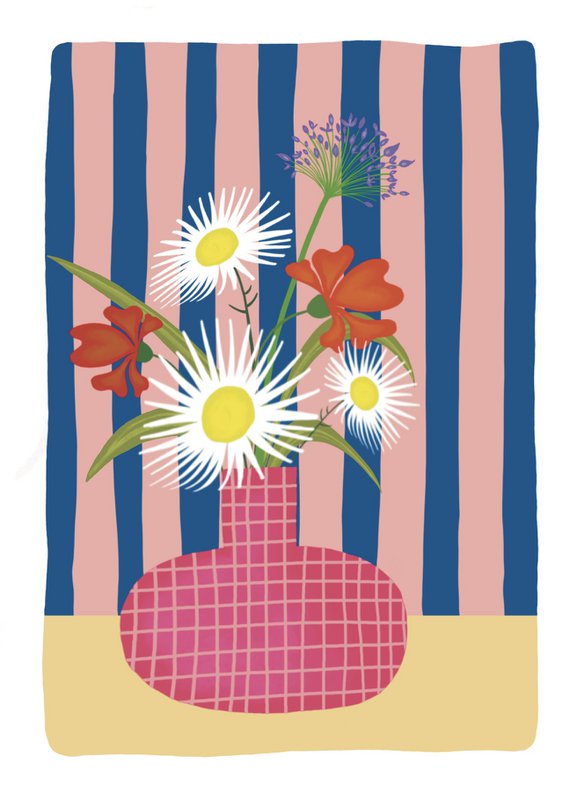 Vase à carreaux avec des fleurs Carte en carton à rayures rose bleu