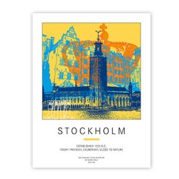 Vibrant poster depicting the iconic architecture of Stockholm, Sweden. The image showcases the city's distinctive buildings and landmarks against a colorful, abstract background.
