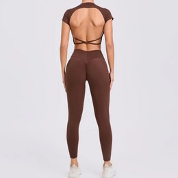 Cross Backless Sporty Set Women 2 Piece Sportswear Short Sleeve Training Suit for Fitness Yoga Wear Female Gym Workout Clothes