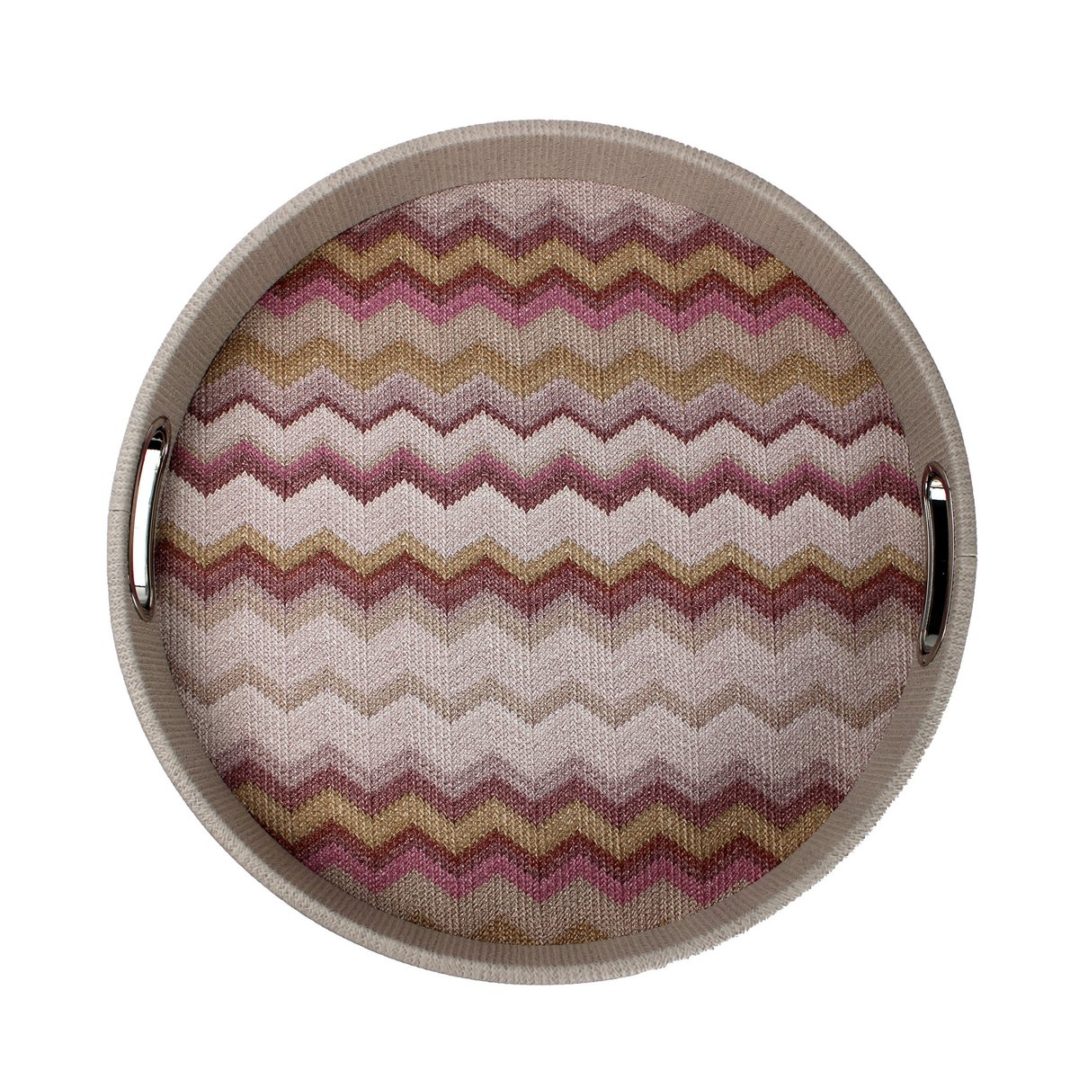 Plateau rond rose à motif zigzag avec poignées en acier inoxydable