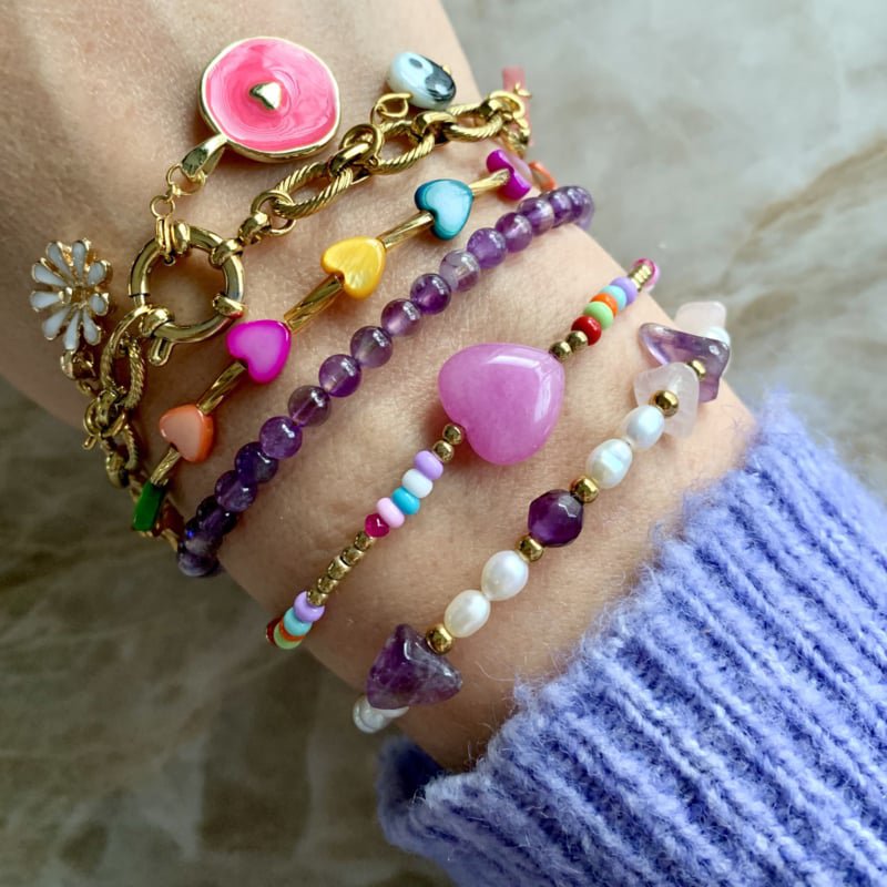 Edelsteen armband | Parel/Amethist/Rozenkwarts | rvs goud