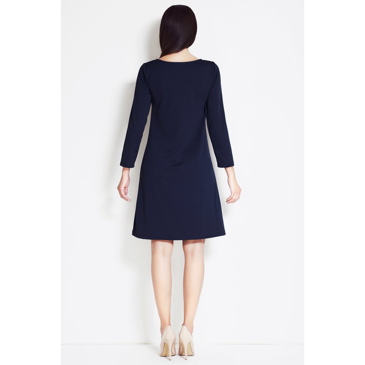 Gebreide trapezejurk met lange mouwen, marineblauw