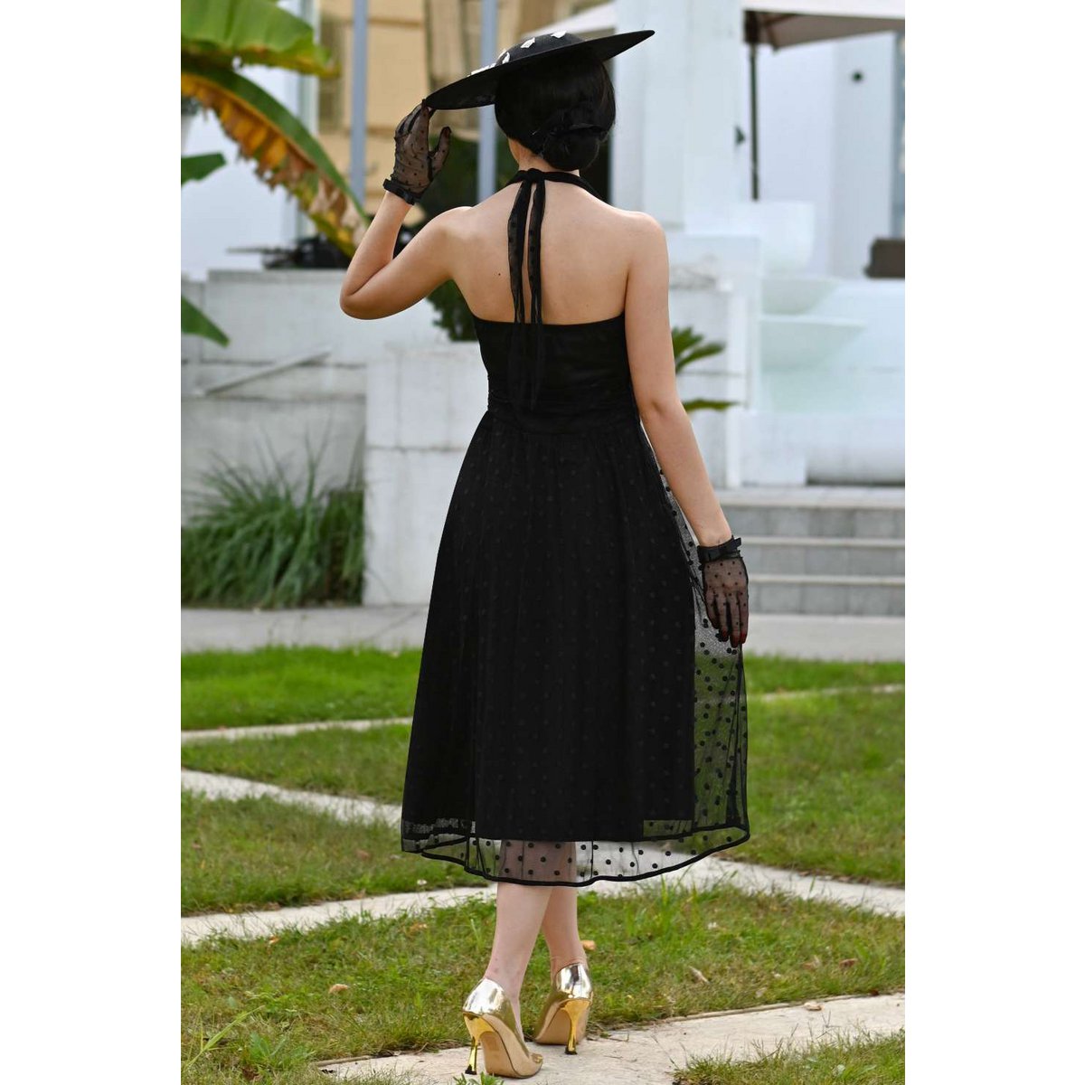EU STOCK Dorothea Black Polka Dot Mesh Halter Dress