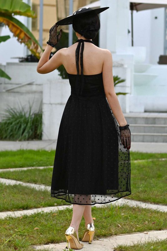 EU STOCK Dorothea Black Polka Dot Mesh Halter Dress