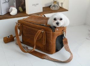 Leather Pet Carrier Bag – Handmade Travel Bag for Dogs & Cats, Genuine Leather