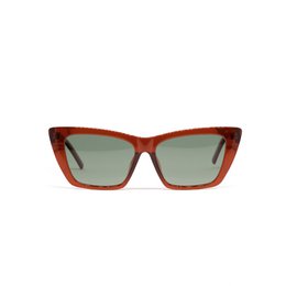 Rectangular-framed sunglasses with a bold, red-orange frame and green lenses.