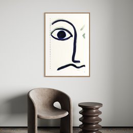 Abstract wall art featuring a minimalist black and white illustration of an eye. Suitable for modern or contemporary home decor.