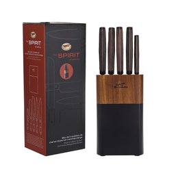 SOSL, Set 5 Pezzi, Set Coltelli Cucina, Set Acciaio Inox, Titanio, con Ceppo in Legno di Acacia, Coltelli Chef, Pane, Schiumarola, Carne, Pesce, Lama Nera