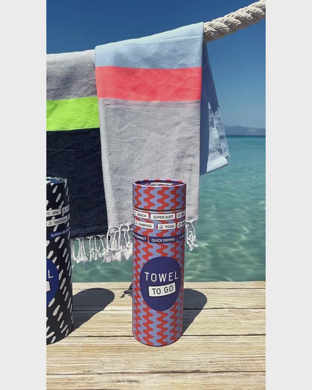 TOWEL TO GO NEON Telo mare in cotone riciclato 180x100 cm | Leggero Asciugatura rapida | Blu/Grigio | con confezione regalo