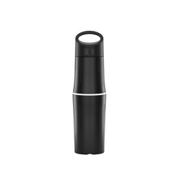 Sleek, black, stainless steel travel bottle with a minimalist design. Ideal for on-the-go hydration.