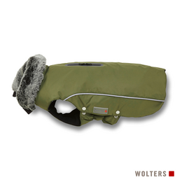  Olive-colored winter jacket for pets, available in various sizes to fit different chest measurements. Made of durable material with a warm, furry lining for cold weather protection.