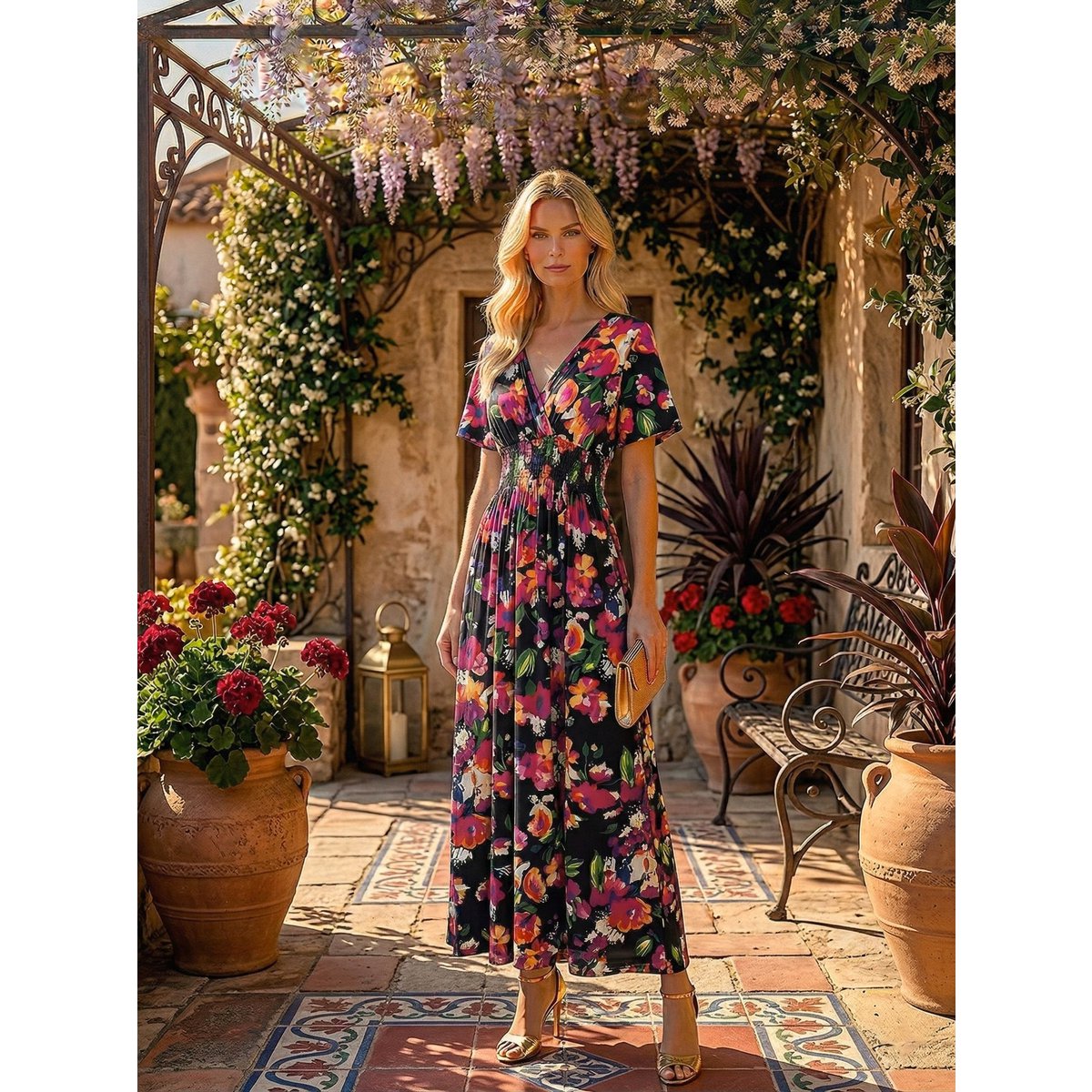 Sukienka maxi „Solar Garden” – kopertowy krój i marszczona wysoka talia – 610-9