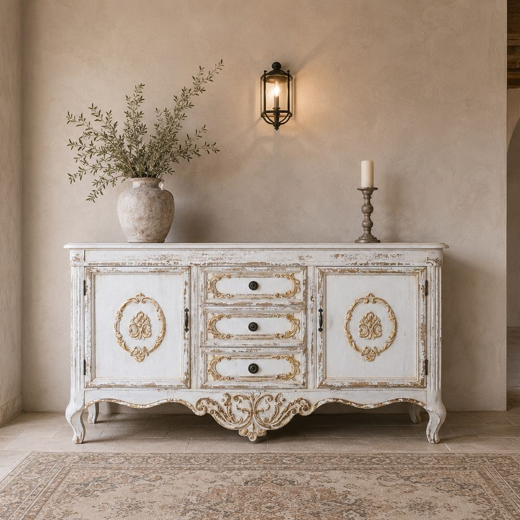 Armario Shabby blanco/dorado 3 cajones 2 puertas 128 x 38 x 76 h cm