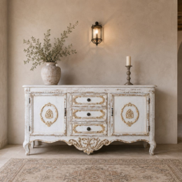 Armario Shabby blanco/dorado 3 cajones 2 puertas 128 x 38 x 76 h cm
