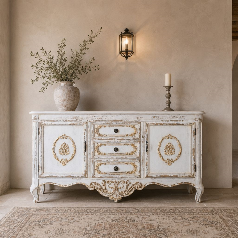 Armario Shabby blanco/dorado 3 cajones 2 puertas 128 x 38 x 76 h cm