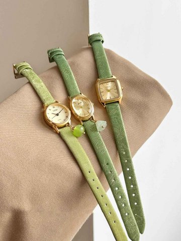 Pesto - Vintage groen leren dameshorloge