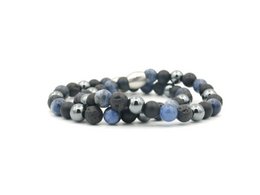 A set of two bracelets featuring a mix of blue and black beads, suitable for a couple or partners.
