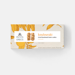 Orange-flavored, handmade Greek butter cookies in a rectangular package.