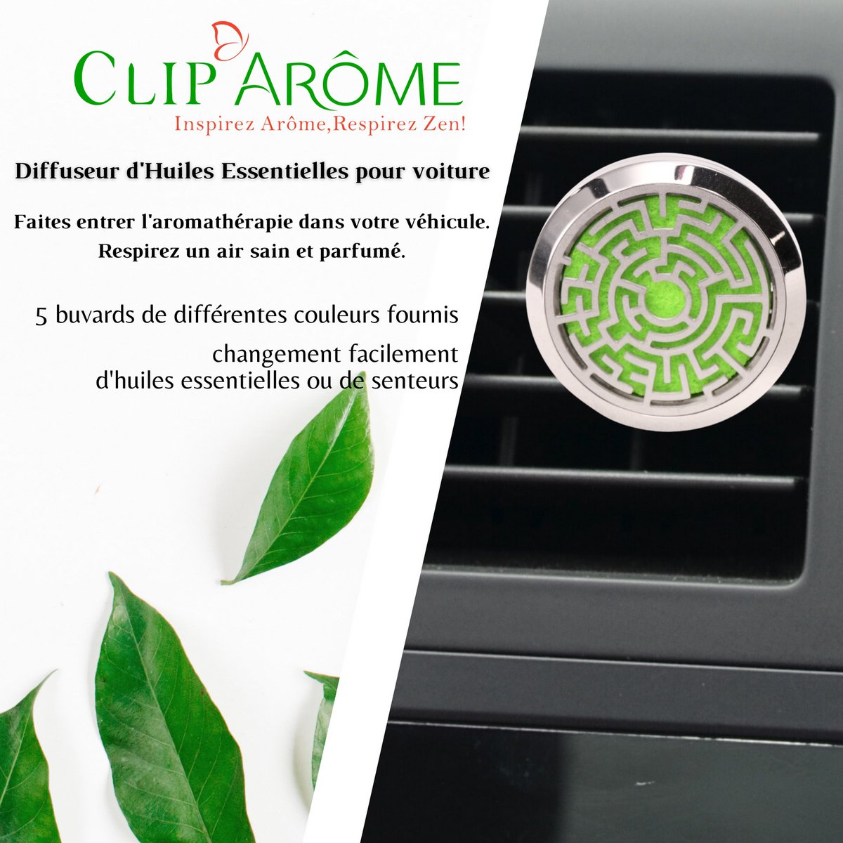 Diffusor voor auto Clip'Arôme - labyrint - in roestvrij staal met blotters - decoratief aromatherapie-accessoire - cadeau-idee