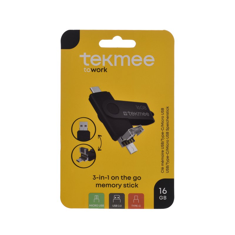 Memoria USB 3 en 1 de 16 GB. Conectores tipo C + Micro USB + USB
