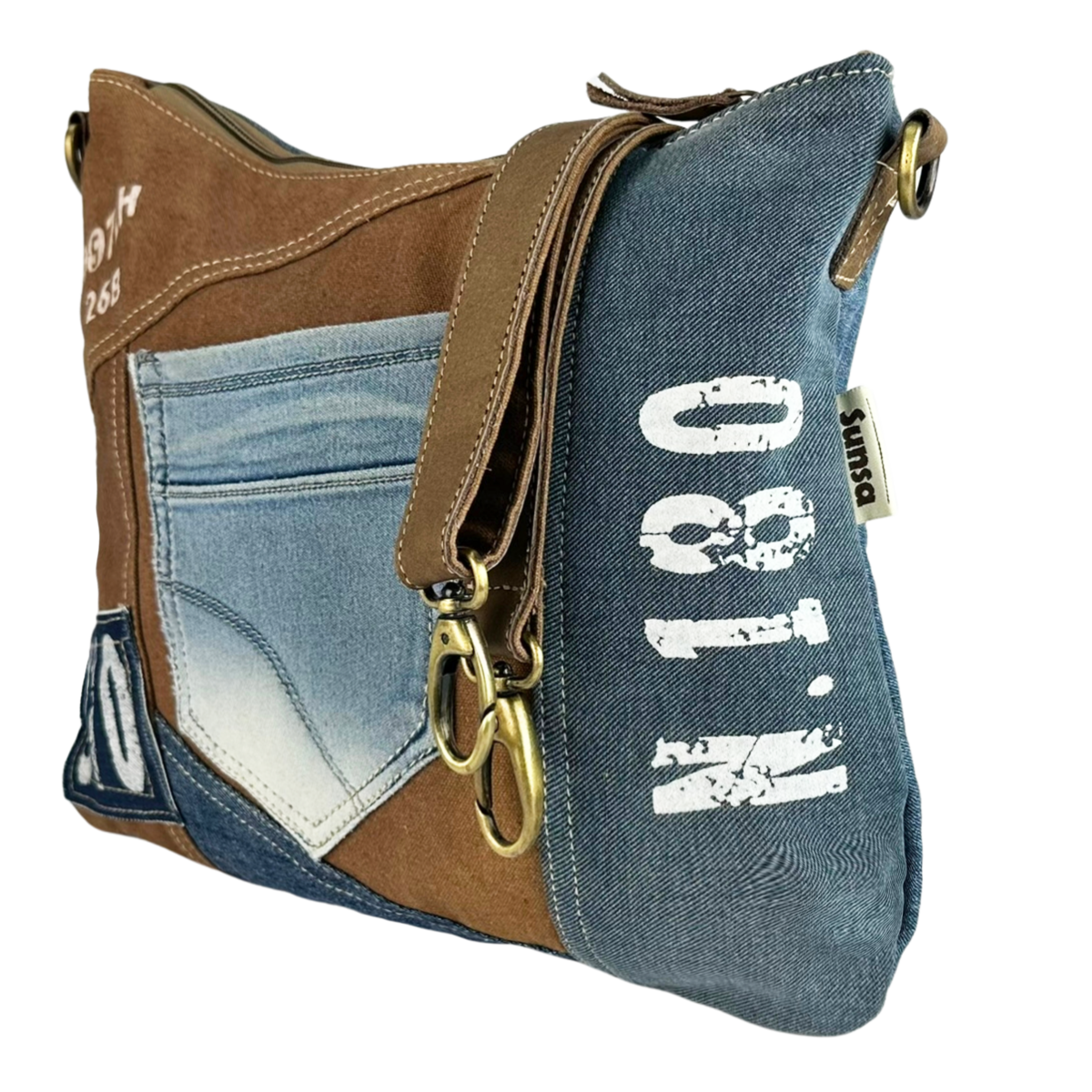 Sac bandoulière femme Sunsa. Sac bandoulière en jean et toile upcyclés. Sac à main style rétro vintage. Sac bandoulière pour femme.