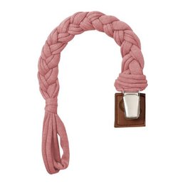 Braided pacifier holder in a blush pink color. Features a woven design and a metal clasp for attaching to clothing or diaper bags.
