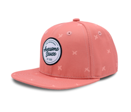 Coral pink snapback cap with white star pattern, adjustable strap, and embroidered logo patch.
