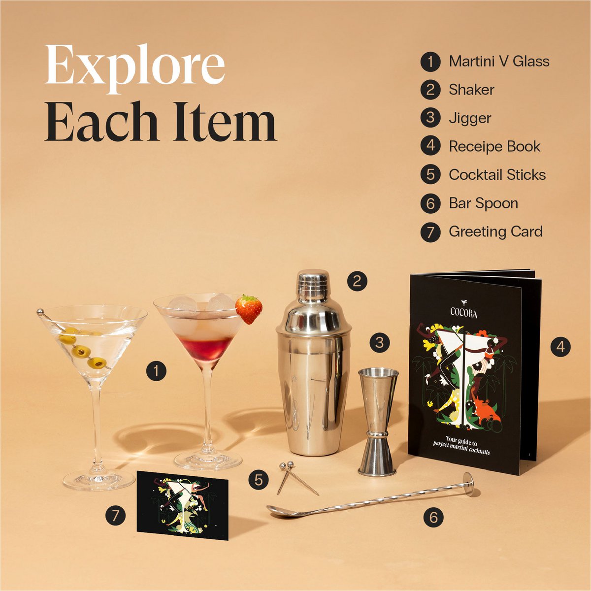 Set regalo Cocora Martini - Set cocktail in acciaio inossidabile da 8 pezzi - Shaker per cocktail - Bicchieri Martini a forma di V - Libro cocktail - Sostenibile