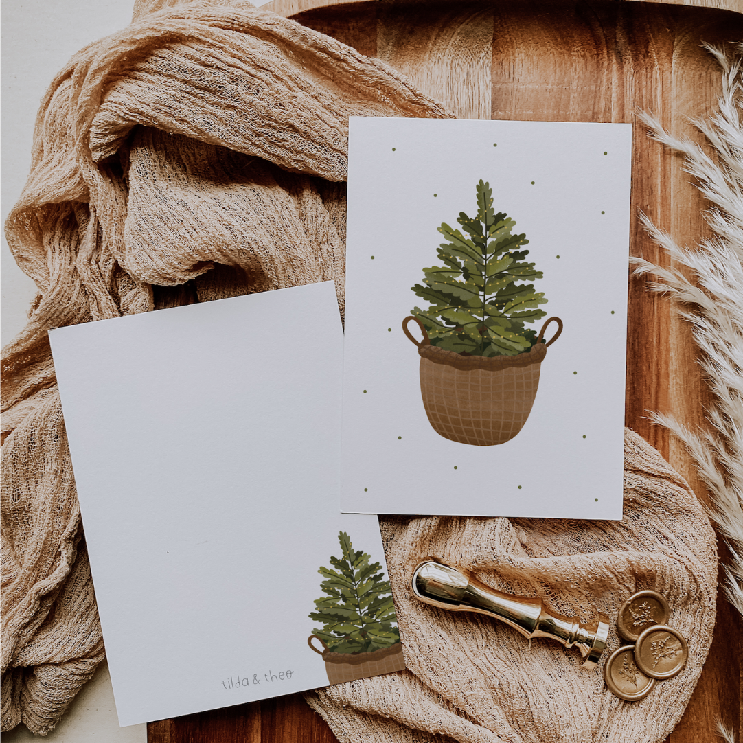 Carte de Noël Sapin de Noël dans un panier - Carte postale de Noël sapin