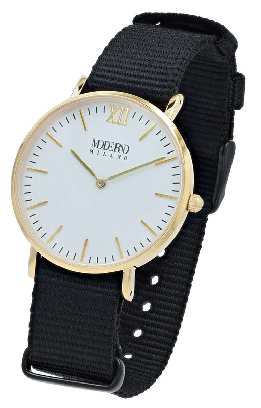 Moderno Milano stainless steel women's watch 36.5 mm, sapphire crystal & nylon NATO strap (black), gold-colored