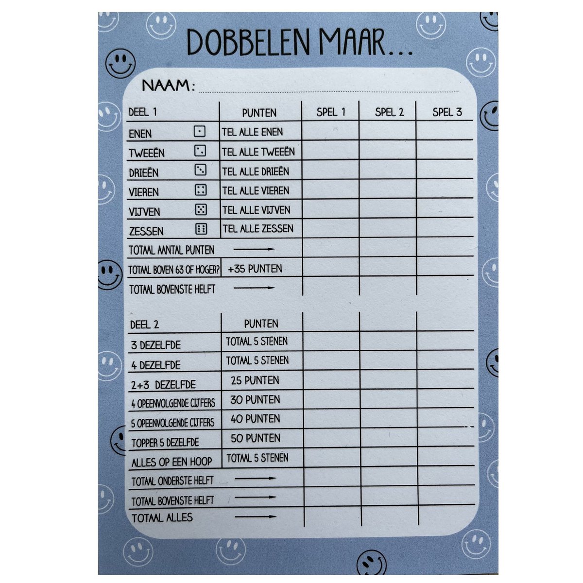 Dice block - Yahtzee - Blauw Smiley