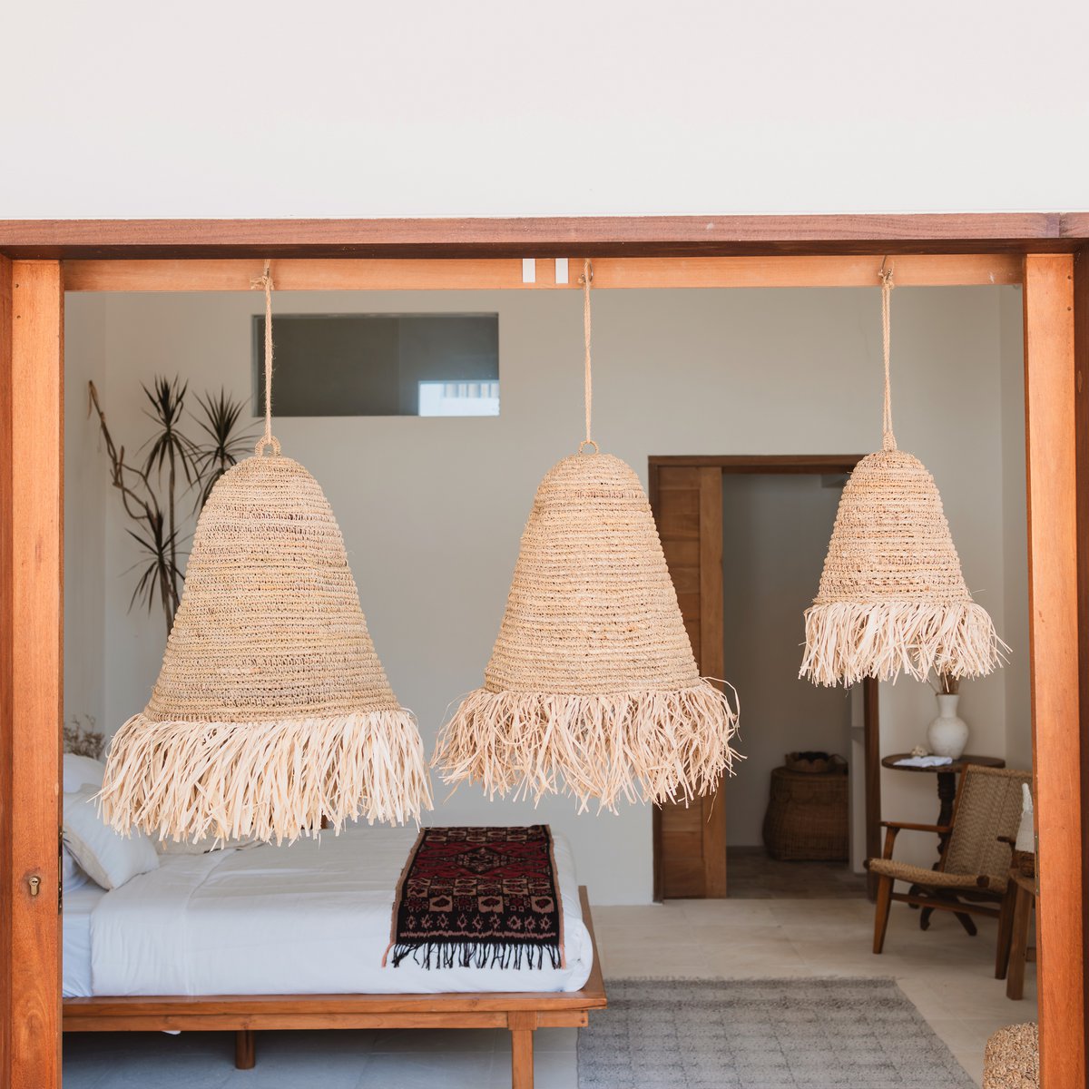 Raffia Boho Lampeskærm – Hængelampe – Pendel – Håndvævet loftslampe med lange frynser (3 størrelser Ø 30/40/50 cm) KALIMA