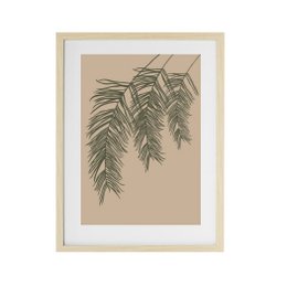 Poster featuring a minimalist illustration of palm leaves in shades of green against a beige background. The poster has a simple, modern design that would complement a variety of interior styles.